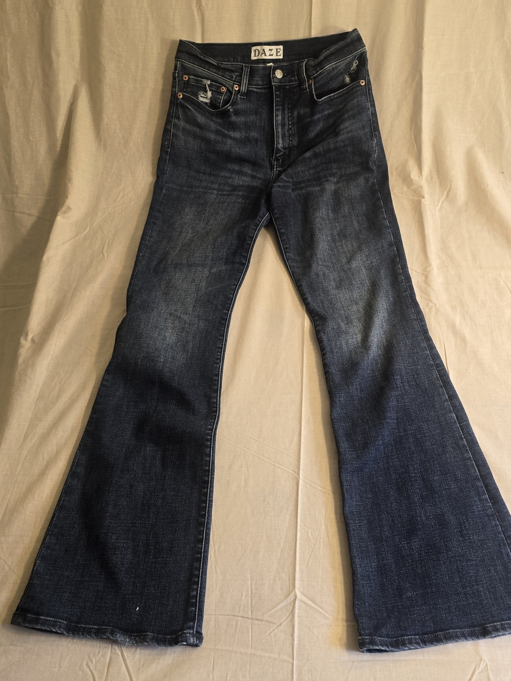 DAZE Women's Dark Indigo Flare Jeans - Retro Wide Leg Size 30